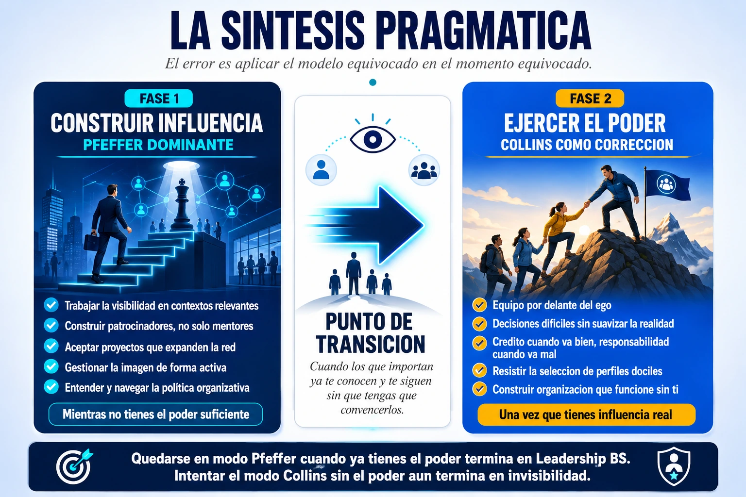 Los dos modelos no son alternativos: son secuenciales. El error es aplicar Collins cuando todavía no tienes el poder suficiente, o seguir en modo Pfeffer cuando ya lo tienes.