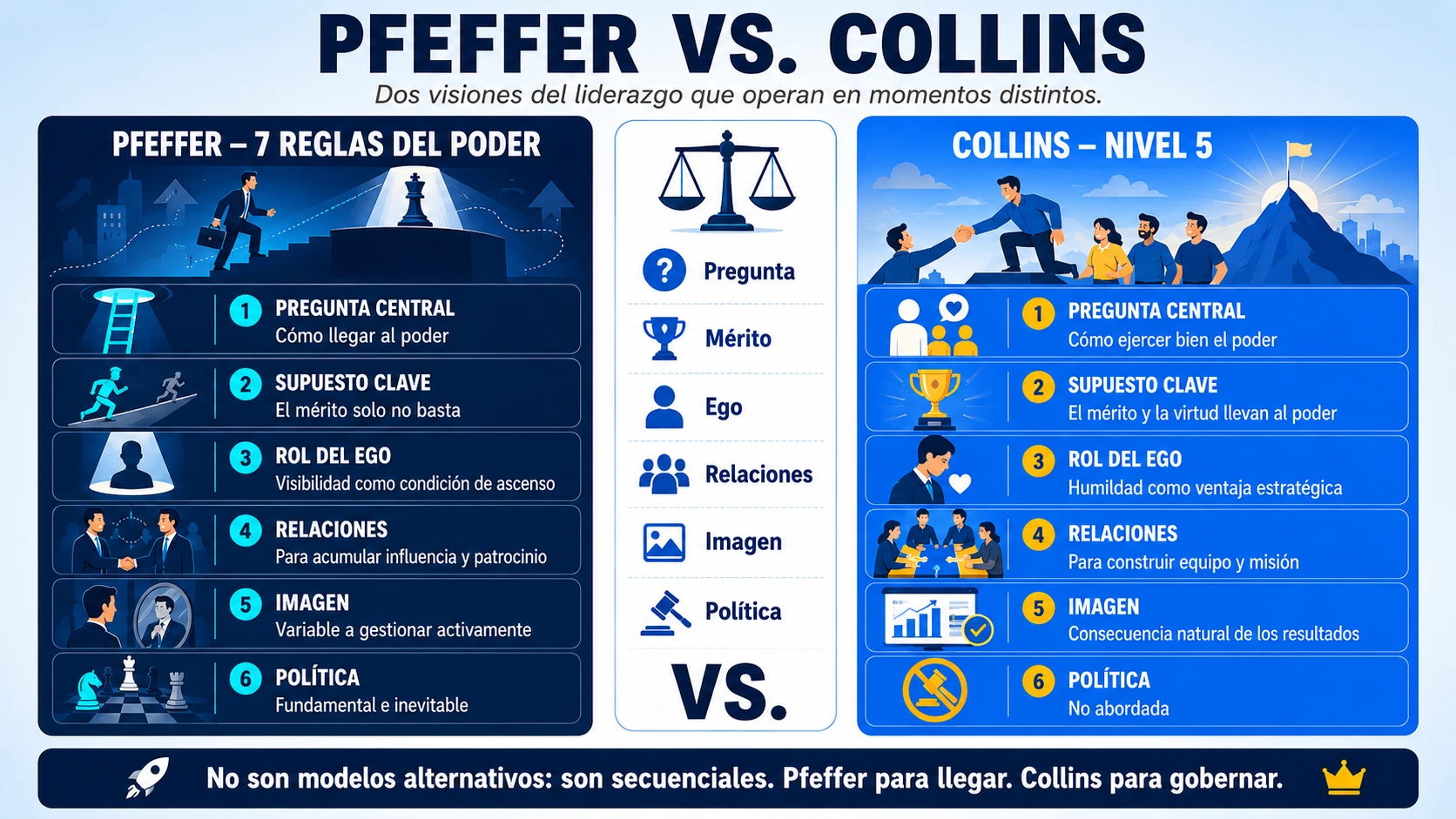 En seis dimensiones clave, los modelos de Pfeffer y Collins apuntan en direcciones opuestas. La pregunta no es cuál tiene razón: es en qué momento de tu carrera necesitas a cada uno