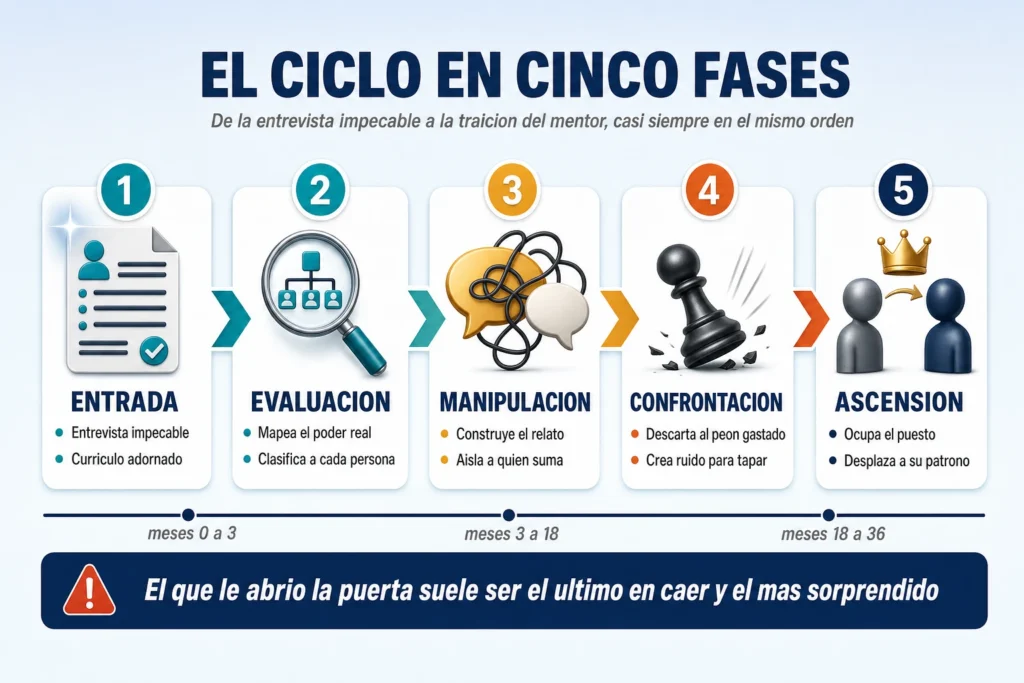 Las cinco fases del ciclo del psicópata corporativo en una organización: entrada, evaluación, manipulación, confrontación y ascensión, con la traición final al mentor