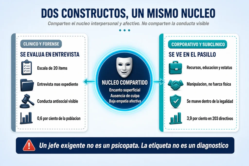 Comparación entre la psicopatía clínica evaluada con la escala PCL-R y la psicopatía corporativa subclínica, con el núcleo interpersonal y afectivo que ambas comparten