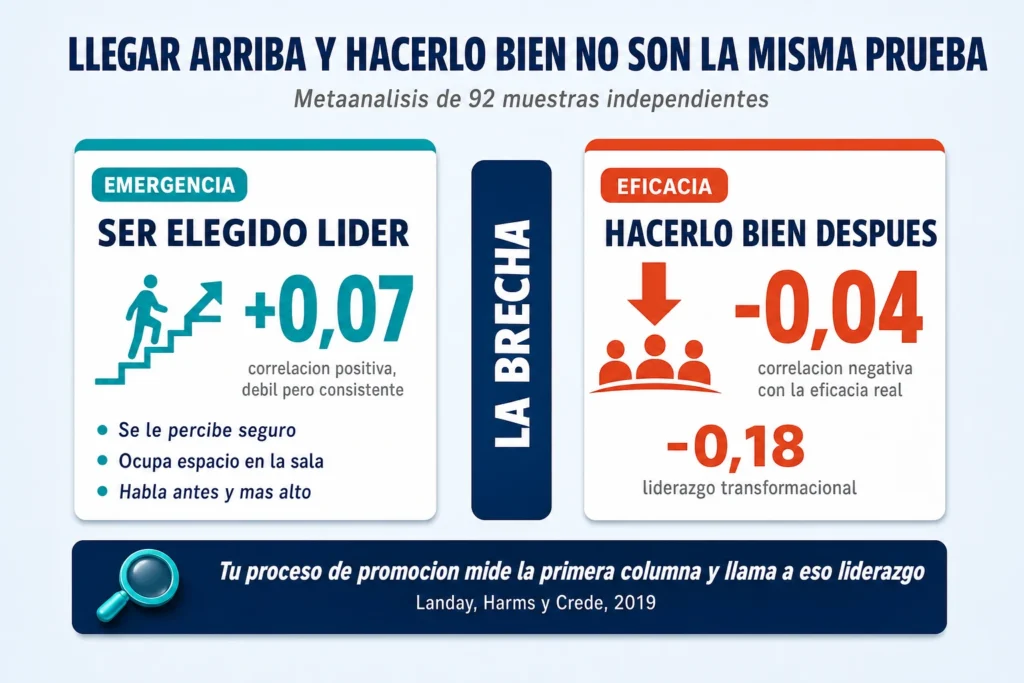 Comparación entre emergencia del liderazgo y eficacia real del liderazgo según el metaanálisis de 92 muestras: correlación positiva débil con llegar al puesto y negativa con hacerlo bien