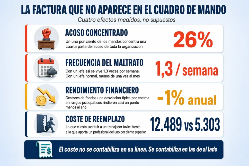 Cuatro efectos medidos del liderazgo con rasgos psicopáticos: concentración del acoso, frecuencia semanal del maltrato, caída del rendimiento financiero y coste de reemplazo del trabajador tóxico