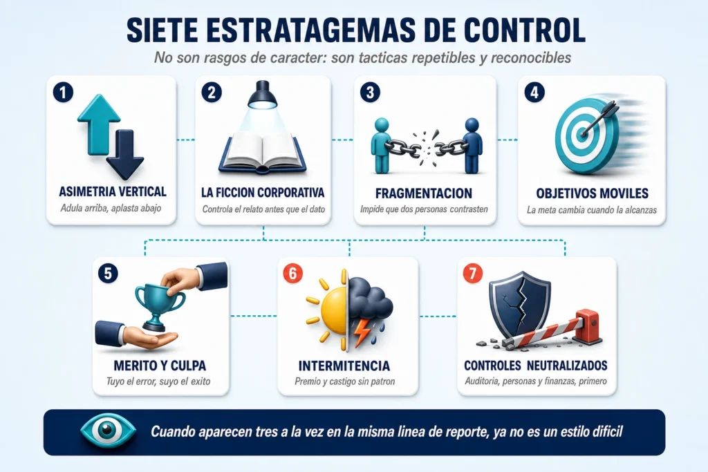 Mapa de las siete estratagemas de control del directivo con rasgos psicopáticos: asimetría vertical, ficción corporativa, fragmentación, objetivos móviles, mérito y culpa, intermitencia emocional y neutralización de controles